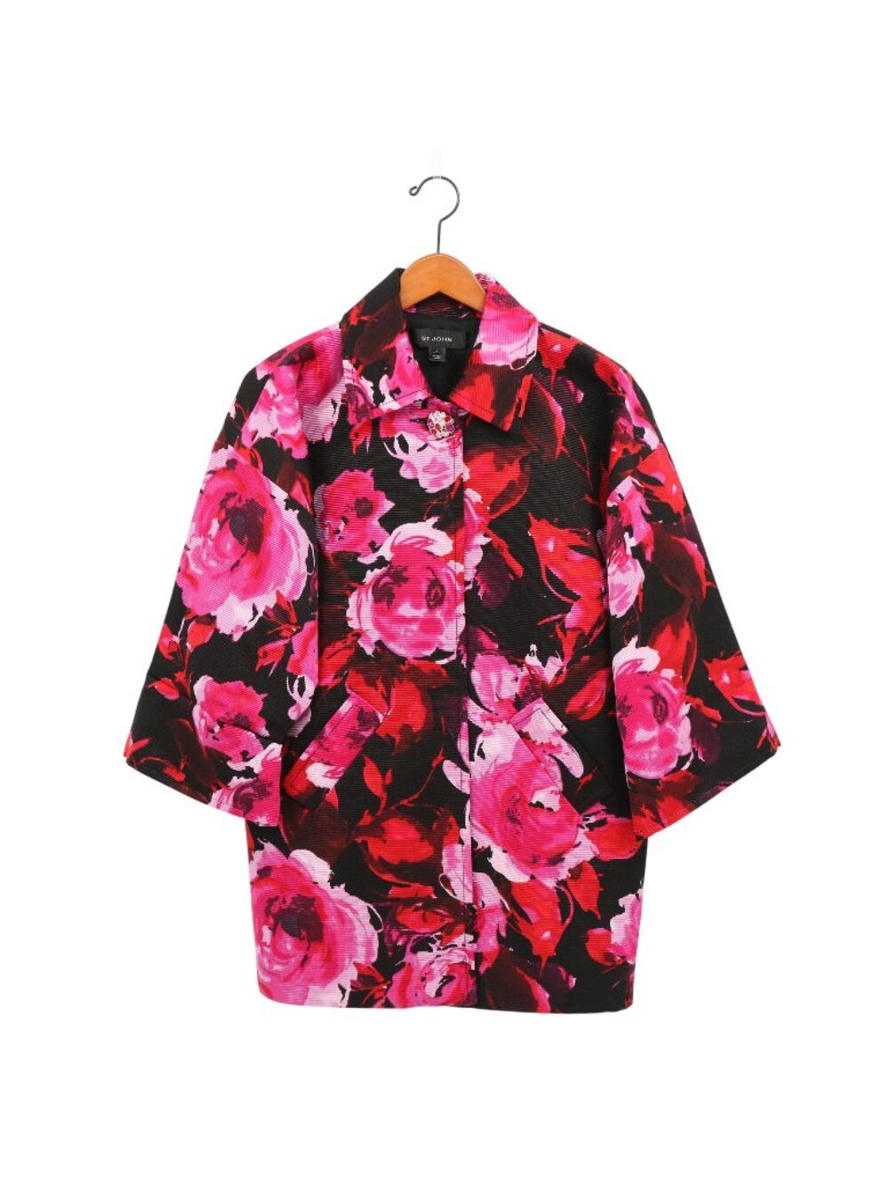 St. John Floral Rose Print Black Rhinestone Button 3/4 Slv Silk Blend Jacket 4